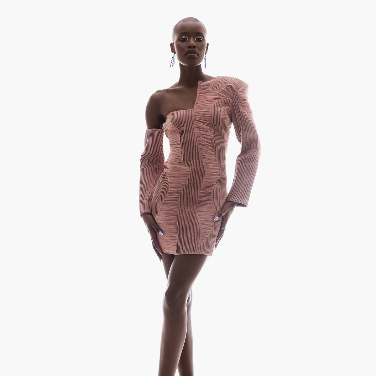 ONE-SHOULDER PLEATED AND RUCHED MINI DRESS IN PEACH
