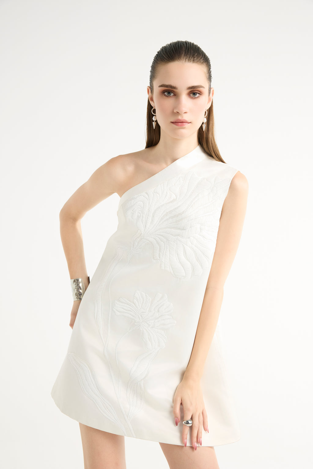 One-Shoulder Raffia Mini Dress in White One-Shoulder Raffia Mini Dress in White