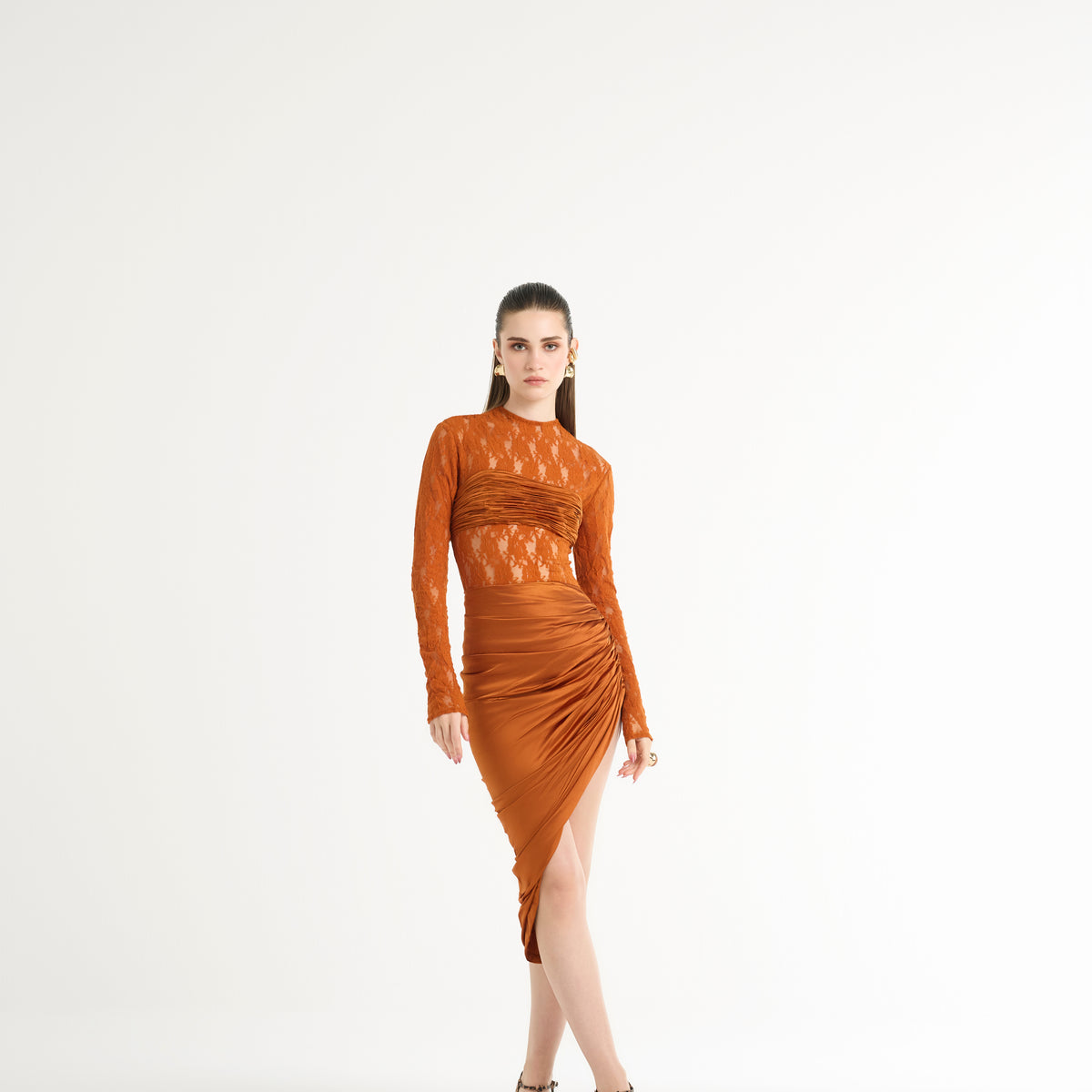 Asymmetrical Draped Midi Skirt in Orange
