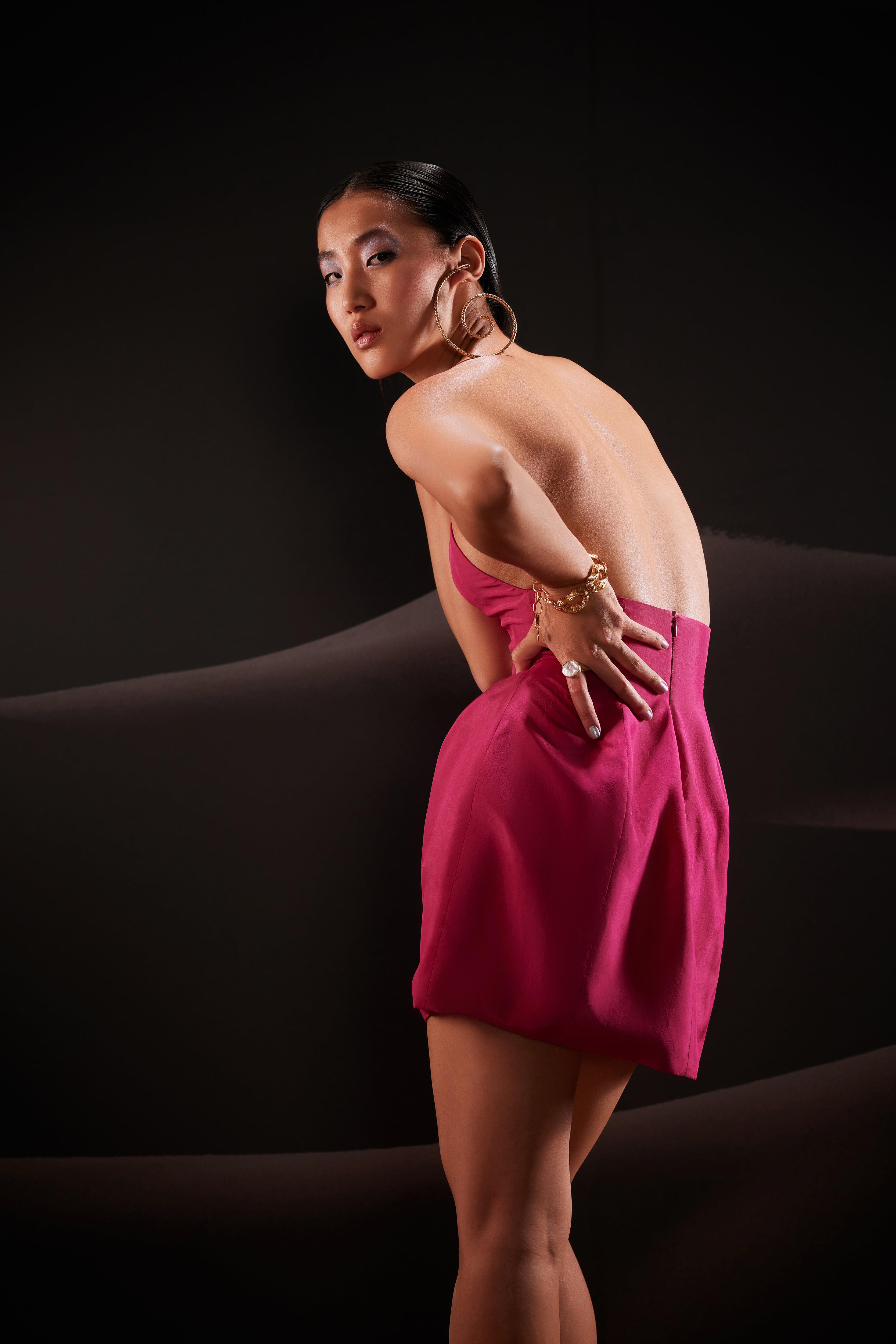 Sculptural Bandeau Mini Dress in Pink