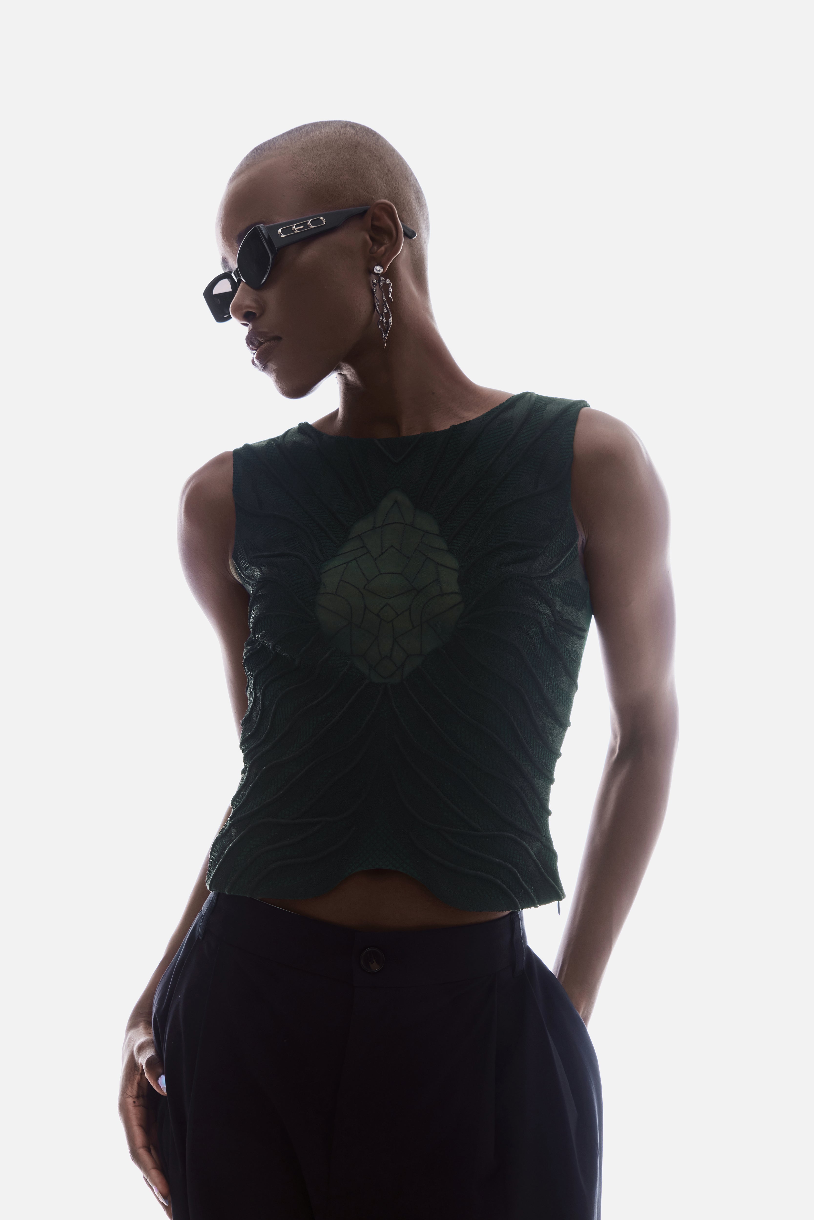 SEMI-SHEER THREAD CORDED TOP IN GREEN